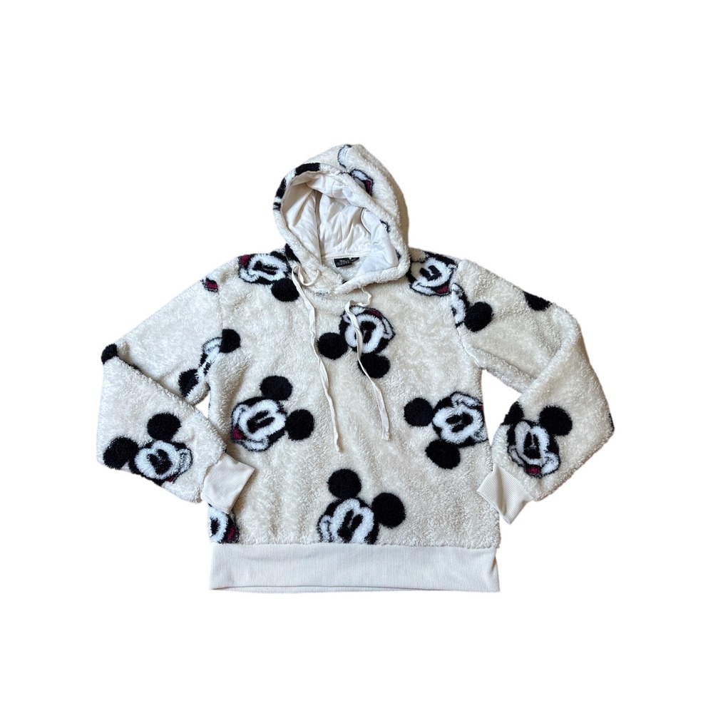 Disney‎ Mickey Mouse Hoodie Women Cream Faux Fur Sherpa Pullover SIZE XS